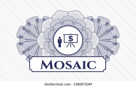 Blue abstract linear rosette with business presentation icon and Mosaic text inside