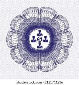 Blue abstract linear rosette. with business teamwork and money icon inside