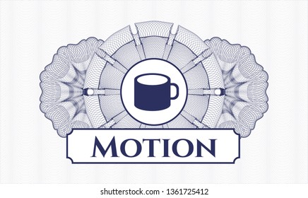 Blue abstract linear rosette with coffee cup icon and Motion text inside