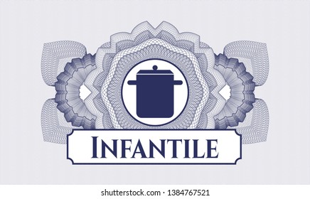 Blue abstract linear rosette with cooking pot icon and Infantile text inside