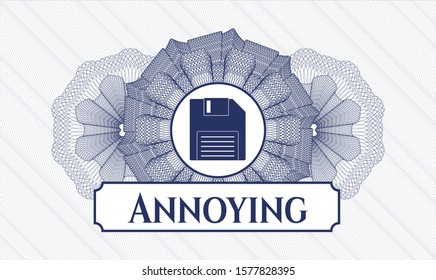 Blue abstract linear rosette with diskette icon and Annoying text inside