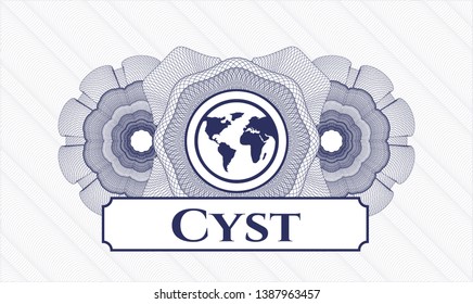 Blue abstract linear rosette with earth icon and Cyst  text inside