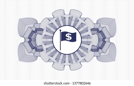 Blue abstract linear rosette with flag with money symbol inside icon inside