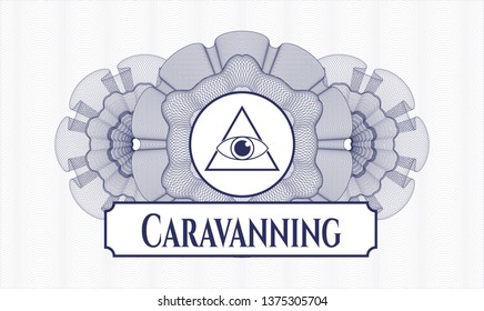 Blue abstract linear rosette with illuminati pyramid icon and Caravanning text inside