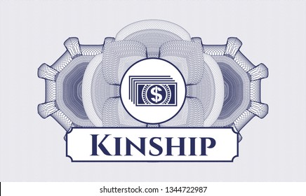 Blue abstract linear rosette with money icon and Kinship text inside
