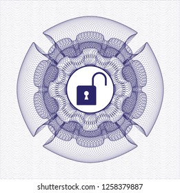 Blue abstract linear rosette with open lock icon inside