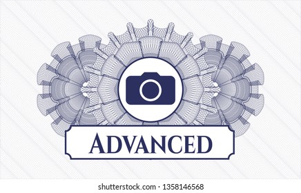  Blue abstract linear rosette with photo camera icon and Advanced text inside