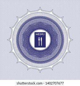 Blue abstract linear rosette with restaurant menu icon inside