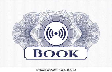 Blue abstract linear rosette with signal icon and Book text inside