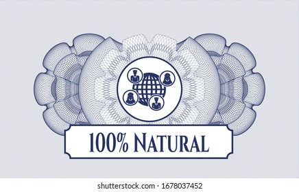 Blue abstract linear rosette with social network icon and 100% Natural text inside