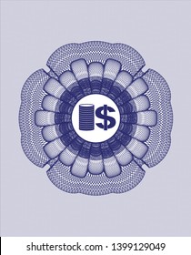Blue abstract linear rosette with stack of coins icon inside