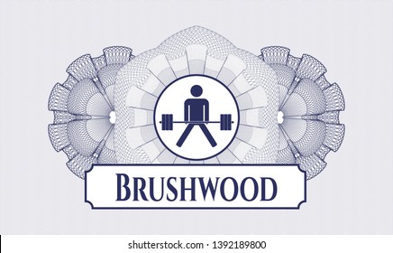 Blue abstract linear rosette with sumo deadlift icon and Brushwood text inside