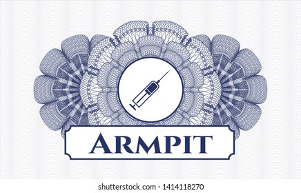 Blue abstract linear rosette with syringe icon and Armpit text inside