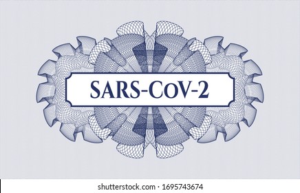 Blue abstract linear rosette with text SARS-CoV-2 inside