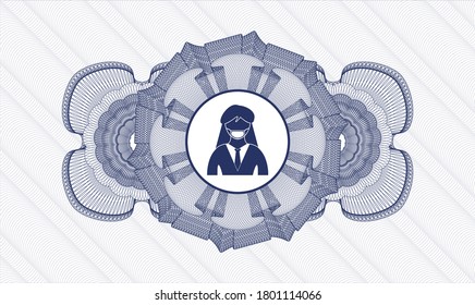 Blue abstract linear rosette. Vector Illustration. Detailed with woman wearing face mask icon inside