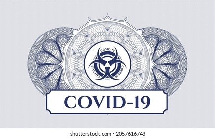 Blue abstract linear rosette. Vector Illustration. Detailed with biohazard covid-19 icon and COVID-19 text inside