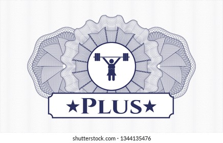 Blue abstract linear rosette with weightlifter girl icon and Plus text inside