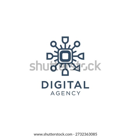 Blue abstract logo representing central processor and network connections, perfect for data analysis or digital agency