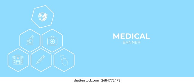 Fondo Médico Abstractas Azul Con Iconos Planos Y Símbolos. Iconos De Línea De Atención Médica En Diseño De Hexágono Azul. Concepto De Salud, Medicina Y Hospital