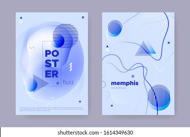 Gradiente Memphis Abstracto Azul. Afiche del flujo de verano. Patrón de onda. Plantilla geométrica gráfica. Antecedentes de Memphis abstractos. Diseño de flujo vectorial. Patrón líquido de moda. Hipster Memphis Antecedentes.
