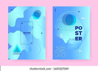 Blue Abstract Memphis Gradient. Vibrant Flow Design. Liquid Pattern. Vector Business Template. Hipster Memphis Gradient. Graphic Fluid Shapes. Trendy Wave Cover. Hipster Memphis Brochure.