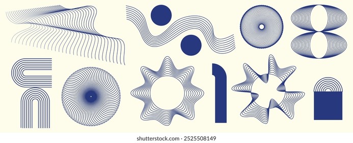 Blue abstract minimal element mid century vector set. Aesthetic contemporary stripe line art, geometric shape in monochrome. Art form design for wall art, decoration, wallpaper.Vector illustration