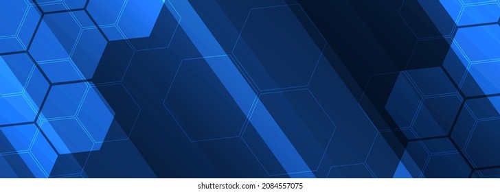 Blue abstract modern wide banner, hexagon technology blue background with honeycomb graphic elements. Vector illustration