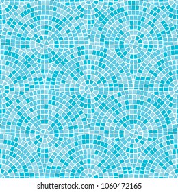 Blue abstract mosaic seamless pattern. Fragments of a circle laid out from tiles trencadis. Vector background.