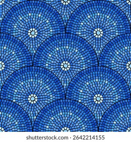 Blue abstract mosaic seamless pattern. Fragments of a circle laid out from tiles trencadis. Vector tile background.