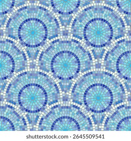 Azul abstrato mosaico padrão sem costura. Fragmentos de um círculo disposto a partir de azulejos trencadis. Plano de fundo do bloco vetorial.