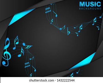 Blue Abstract music notes on rainbow line wave background. colorful G-clef and music notes Corporate concept blue black grey contrast background. Vector graphic design. Blue and black contrast .