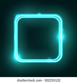 Blue abstract neon square shape. Glowing vintage or futuristic frame. Simple electric symbol for advertisement or other design project. Vector illustration.