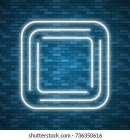 Blue abstract neon square shape. Glowing vintage or futuristic frame. Simple electric symbol for advertisement or other design project. Vector illustration.