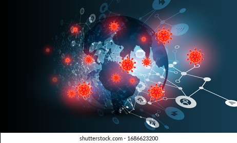 Blue abstract network backround with globe amd coronavirus, vector illustration