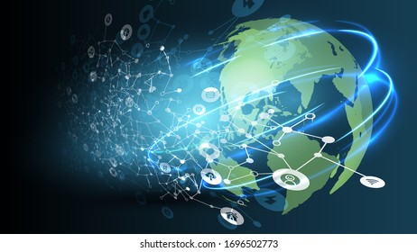 Blue abstract network backround with globe, vector illustration