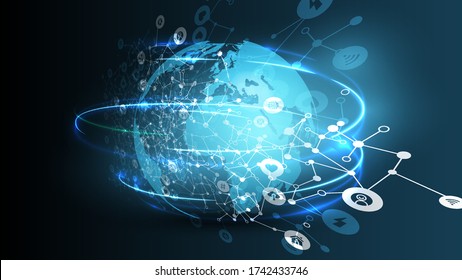 Blue abstract network backround with globe, vector illustration