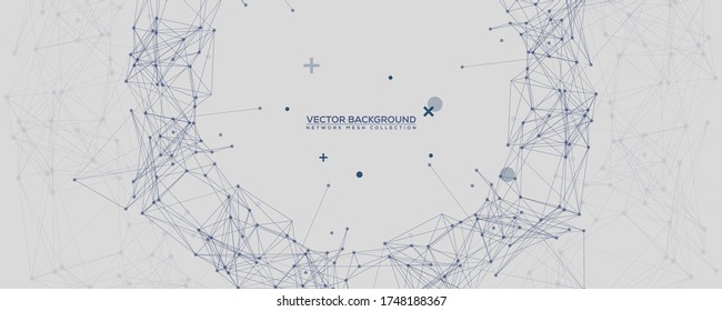 Blue Abstract Network Mesh with Your Text. Geometric connected line and dots. Wide Technology Grey Vector Background