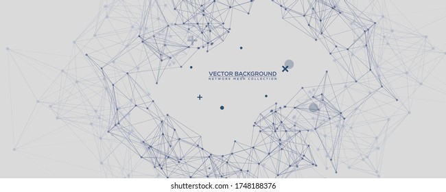 Blue Abstract Network Mesh with Your Text. Geometric connected line and dots. Wide Technology Grey Vector Background