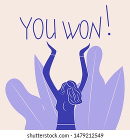 Blue abstract non proportional woman holding her hands up announcing the winner. You won. Vector illustration.