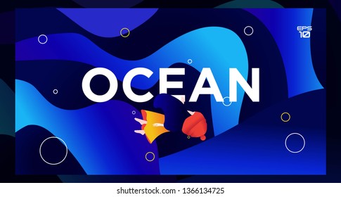 Blue abstract ocean background design. Fluid gradient shapes composition. Futuristic design posters. Banner. Girl in ocean. Vector.