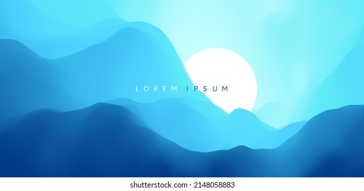 Blue abstract ocean seascape. Sea surface. Water waves. Nature background. Landscape with mountains. Vector illustration for banner, flyer, poster, cover or brochure.