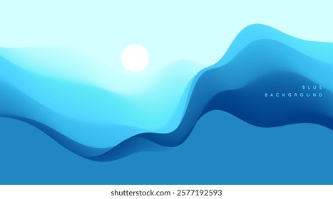 Blue abstract ocean seascape. Sea surface. Water waves. Nature background. Landscape with mountains. Vector illustration for banner, flyer, poster, cover or brochure.