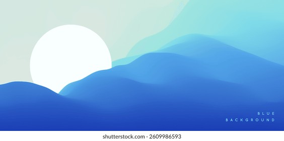 Blue abstract ocean seascape. Sea surface. Water waves. Nature background. Landscape with mountains. Vector illustration for banner, flyer, poster, cover or brochure.