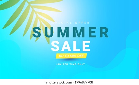 Blue abstract ocean template banner with fluid liquid elements, tropical leaves for flyer, invitation, poster, website or greeting card. Water waves. Vector illustration
