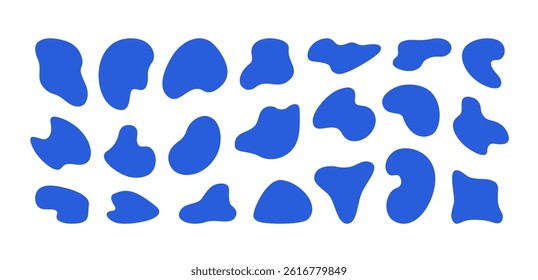 Blue abstract organic amoeba blob shapes. Vector set of modern liquid free form unique uneven splotches. Liquid shape pebble blobs on transparent background. Organic fluid irregular freeform flowy bg