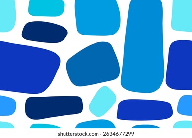Blue abstract organic shape print seamless pattern illustration in retro style. Trendy primary blue color tile pool background with creative drawing.