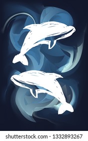 Blue Abstract Painting with Dolphin Animal Icon or Silhouette. Vector Illustration for Graphic Design, Poster and Animal Lovers. 