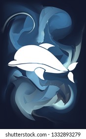 Blue Abstract Painting with Dolphin Animal Icon or Silhouette. Vector Illustration for Graphic Design, Poster and Animal Lovers. 