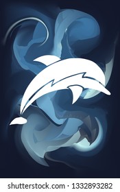 Blue Abstract Painting with Dolphin Animal Icon or Silhouette. Vector Illustration for Graphic Design, Poster and Animal Lovers. 