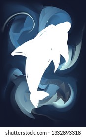 Blue Abstract Painting with Dolphin Animal Icon or Silhouette. Vector Illustration for Graphic Design, Poster and Animal Lovers. 